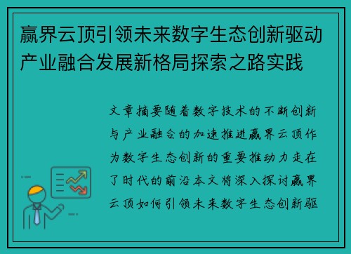 赢界云顶引领未来数字生态创新驱动产业融合发展新格局探索之路实践 赢界云顶引领未来数字生态创新驱动产业融合发展新格局探索之路实践